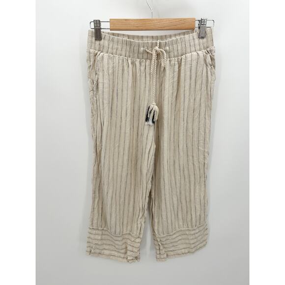 Harmony & Havoc Cream Blue Striped Cropped Linen Blend Capri Pants Loose Women L - Picture 1 of 8